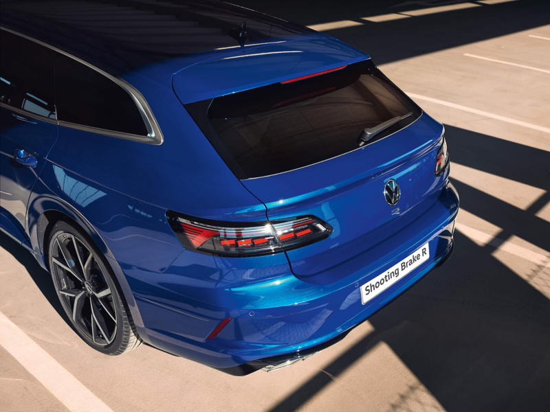 Close rear view of a blue VW Arteon R Shooting Brake