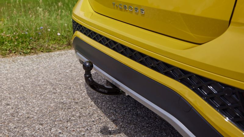 Rear view of yellow T-Cross towing bracket