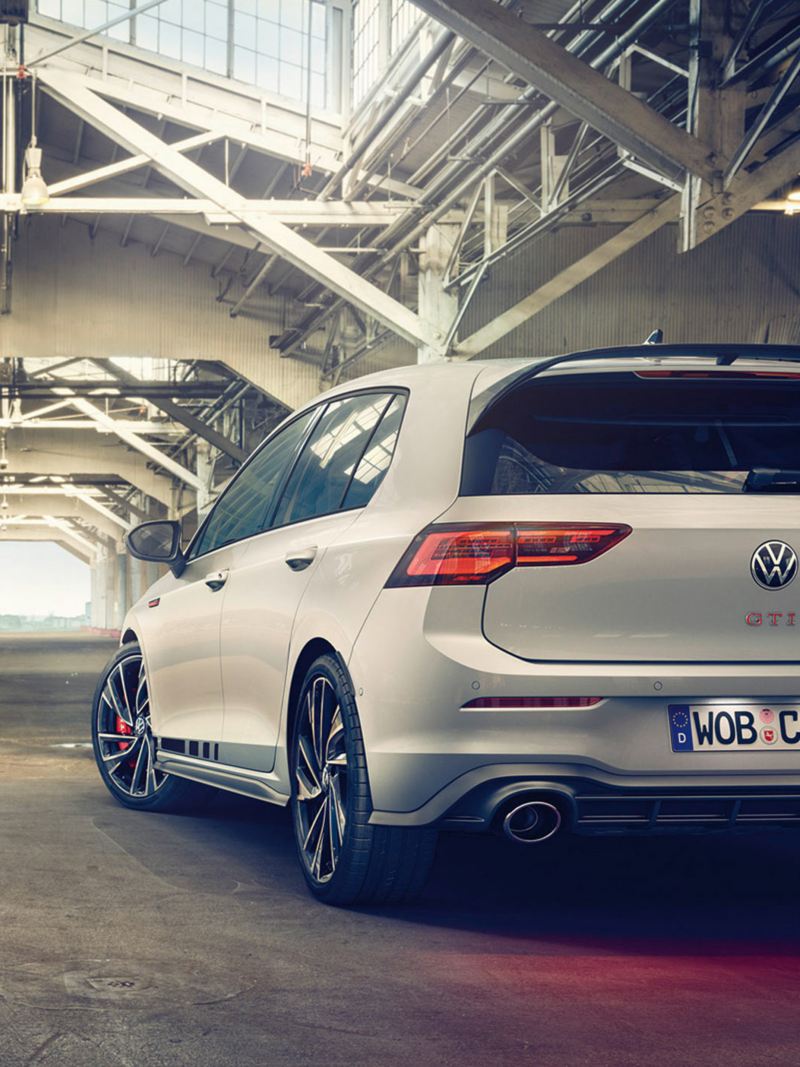 The new Volkswagen Golf GTI Clubsport parked in a warehouse