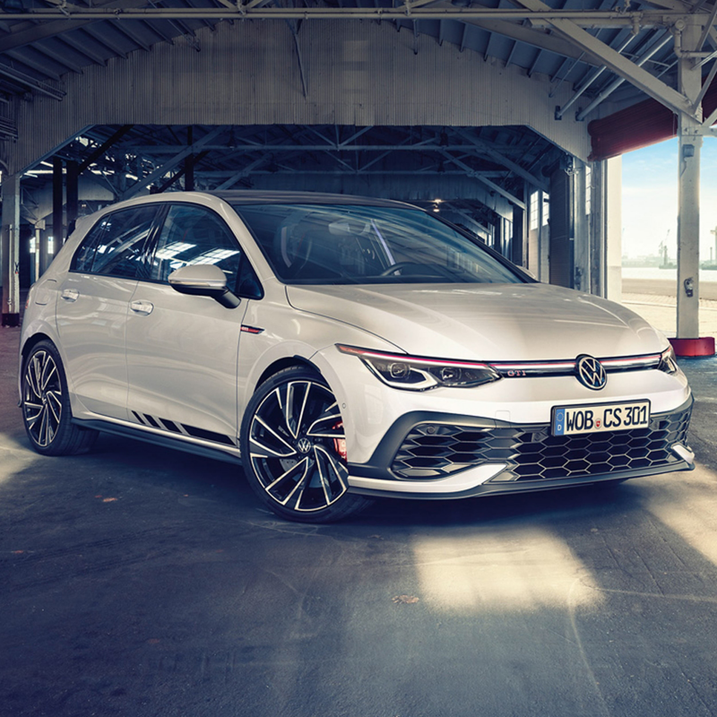 A front 3/4 shot of a white VW Golf GTI Clubsport 