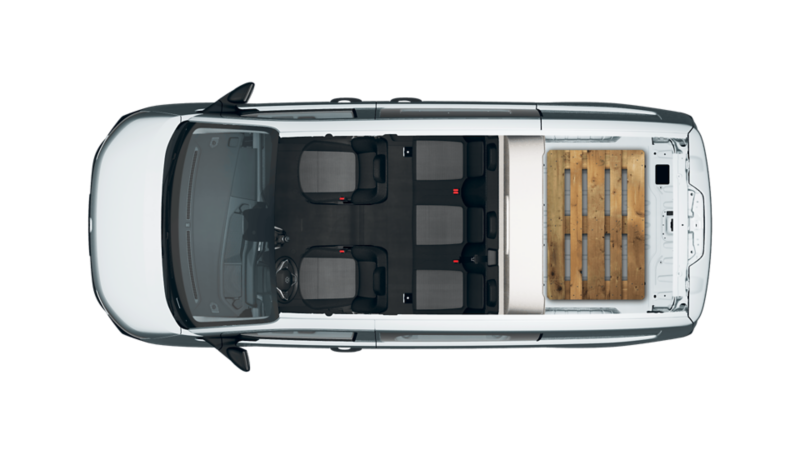 5-sits VW Transporter med europall i lastutrymmet.