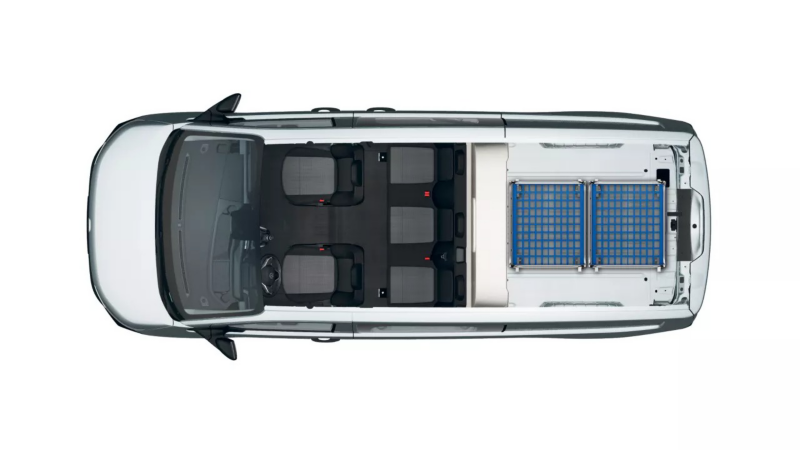 Nowy Transporter Furgon, załadunek z kontenerem na kółkach