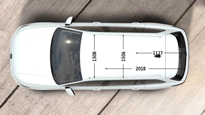 Top view of a VW Passat with the boot depth dimensions displayed with the rear seats up and down