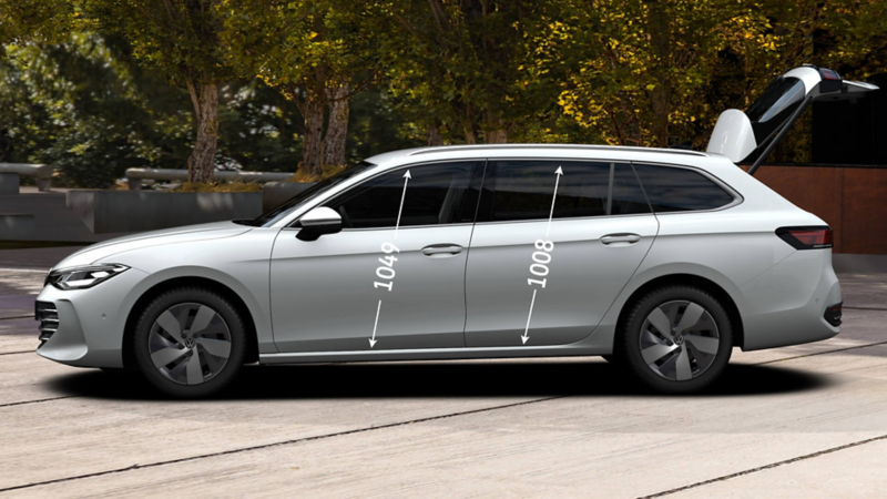 Side view of a VW Passat with front and rear door height dimensions displayed