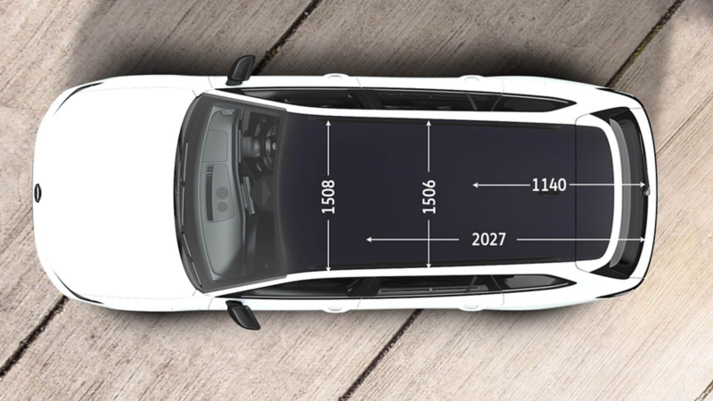 Top view of a VW Passat with the boot depth dimensions displayed with the rear seats up and down