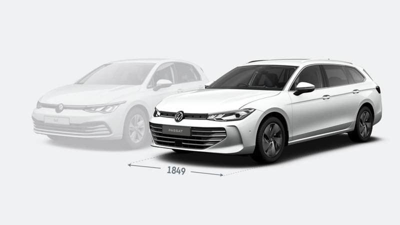 Front three-quarter view of a VW Passat with the width displayed compared to a Golf.