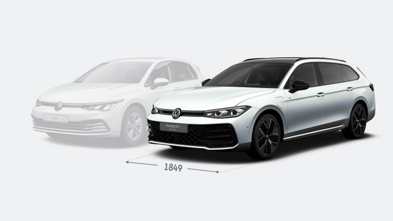 Front three-quarter view of a VW Passat with the width displayed compared to a Golf.