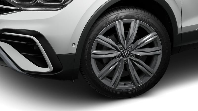 Close-up of the wheel rim on a Tiguan Allspace R-Line. 