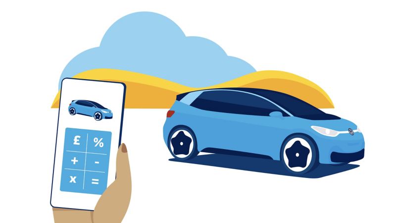 An illustration of a VW and customer holding smartphone with calculator symbols on screen
