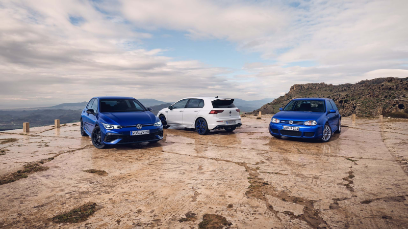 Three VWR Golf models standing in a car park