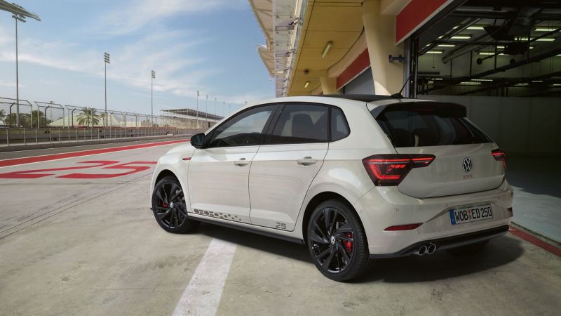 Exterior photo of the Polo GTI 25 at a race track. 