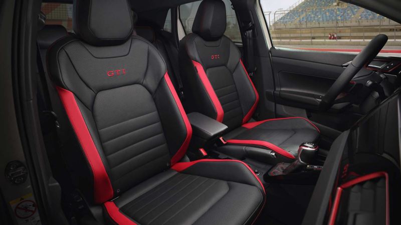 Interior photo of the Polo GTI edition 25 cockpit showing the passenger and driver seats. 