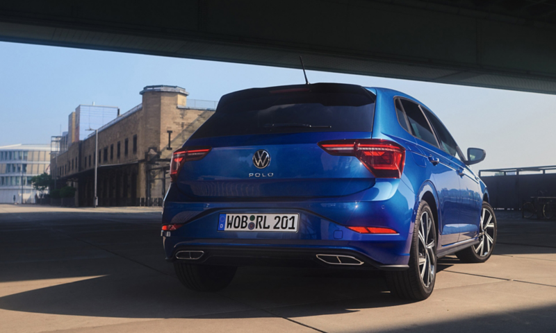 Rear view of a a blue VW Polo