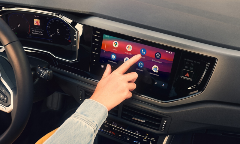 volkswagen polo interior close up shot showing the display icons on screen