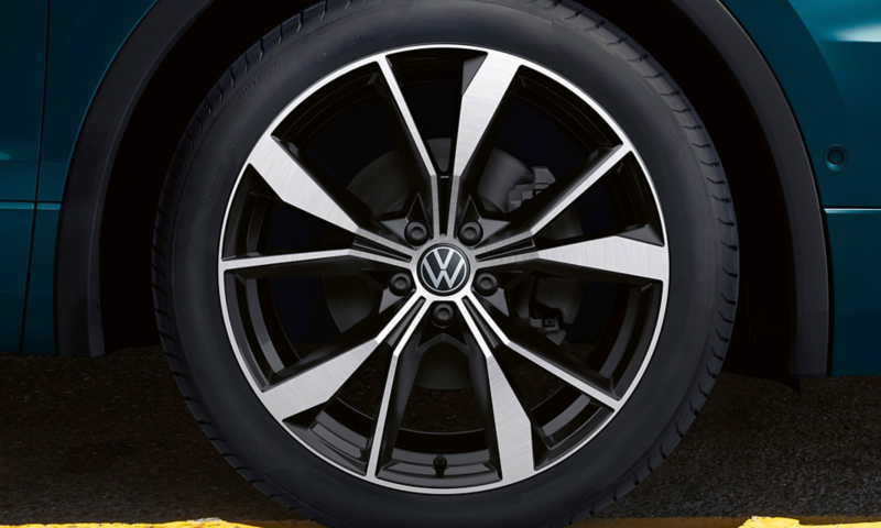 Close-up of the wheel rim on a Tiguan Allspace R-Line. 