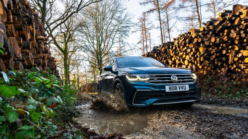 A new Volkswagen Tiguan driving through a woods alongside some cut logs