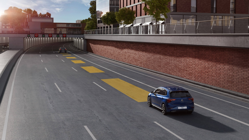 Picture shows how the Automatic Distance Control ACC works in the VW Polo. 
