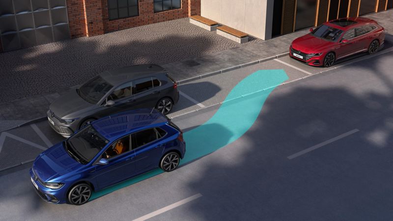 Picture shows how the "Park Assist" parking assistant works in the VW Polo. 