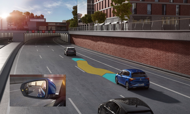 Picture of how the "Side Assist" lane change assistant works in the VW Polo. 