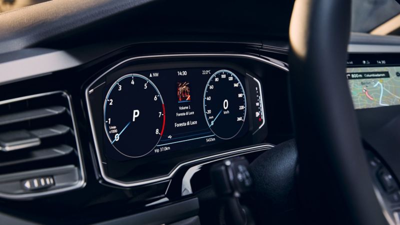 Close-up of the optional Digital Cockpit Pro in the VW Polo, showing the speedometer and navigation system.