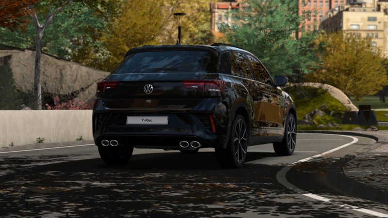 A view of the back end of a black VW T-Roc