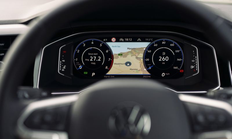 volkswagen taigo interior shot of dashboard and steering wheel