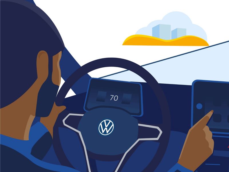 A steering wheel inside a Volkswagen car