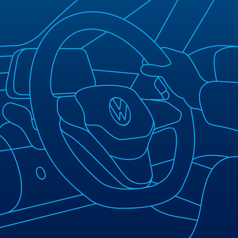 An illustration of a steering wheel inside a Volkswagen car