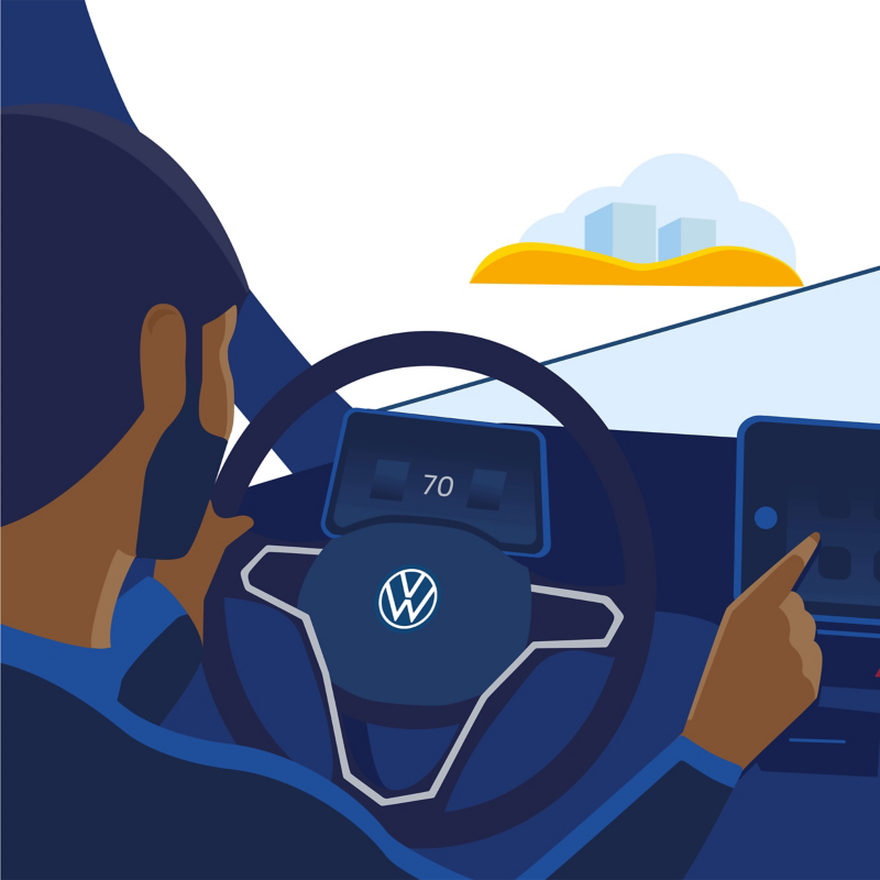 An illustration of a steering wheel inside a Volkswagen car