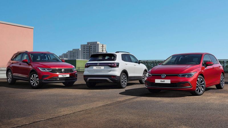 Range showing red Golf ACTIVE, white T-Cross ACTIVE and red Tiguan ACTIVE