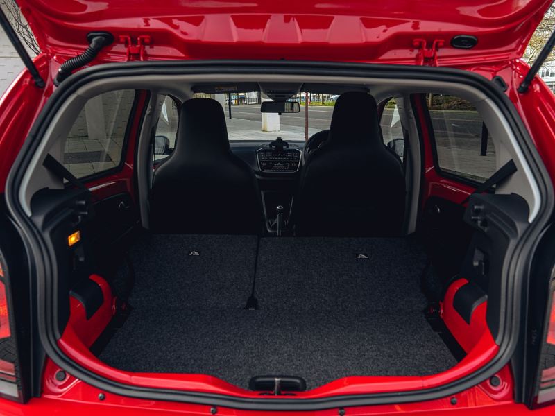 Interior space of VW up with rear seats folded down