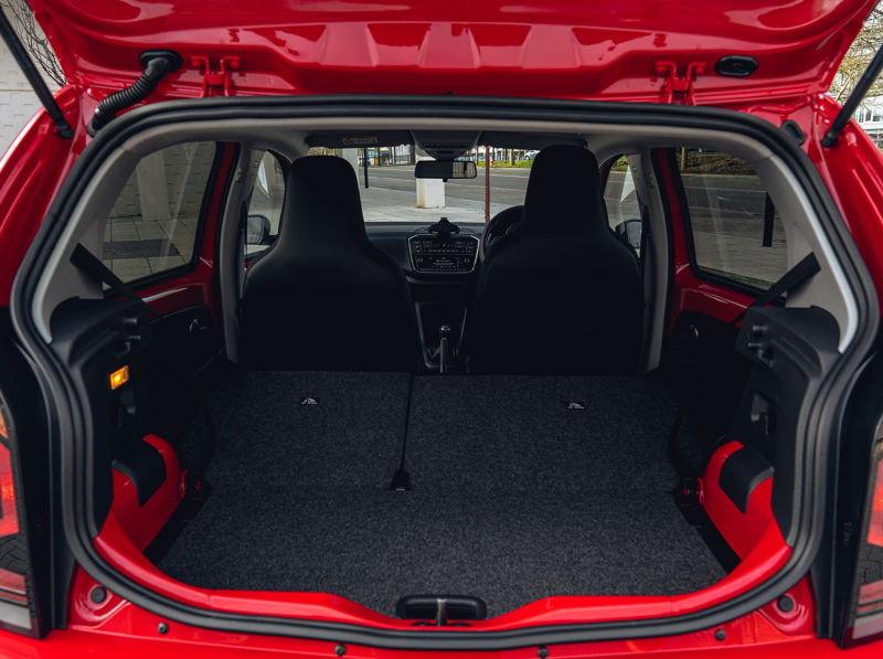 Interior space of VW up with rear seats folded down