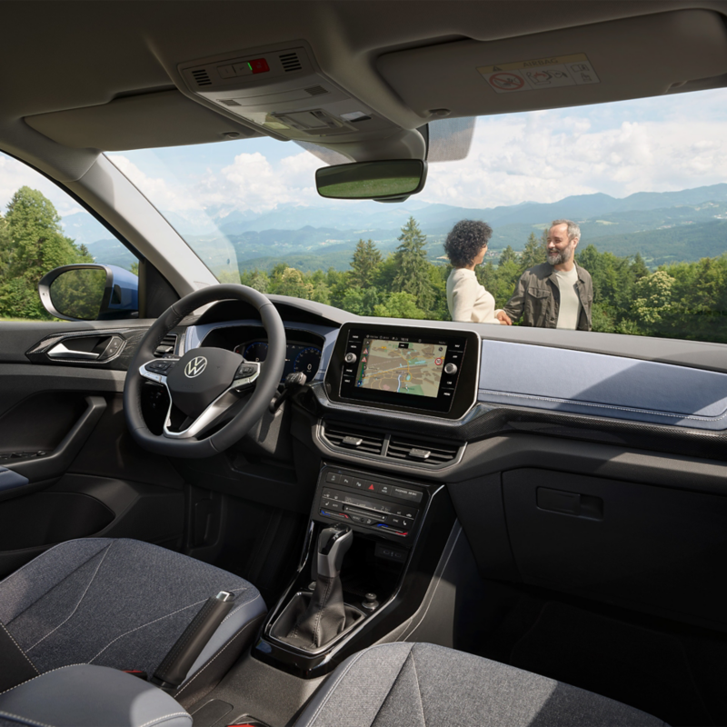 Interior shot of the steering wheel of the T-Cross