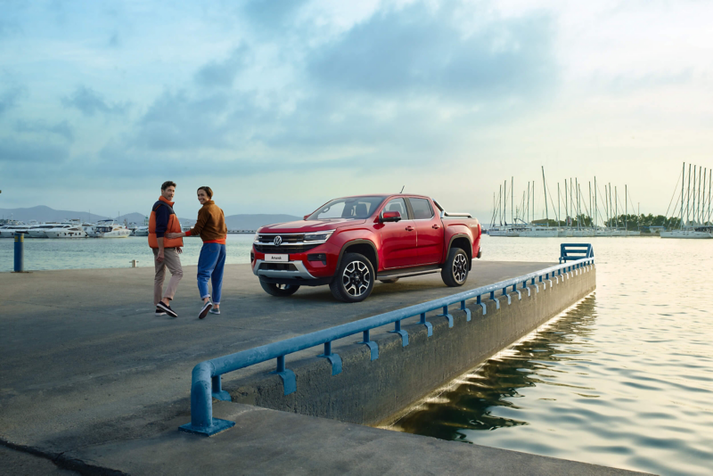 Red Amarok parked in the marina area