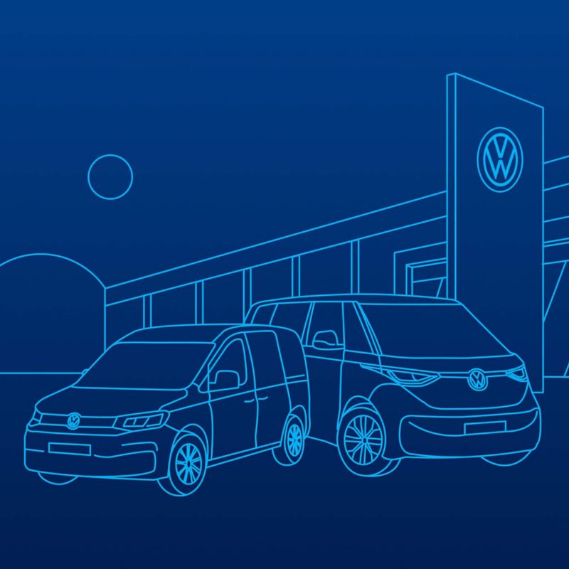 An illustration in the style of a blueprint line drawing showing two VW vehicles parked outside a van centre. 