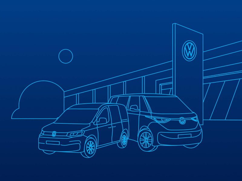 An illustration in the style of a blueprint line drawing showing two VW vehicles parked outside a van centre. 