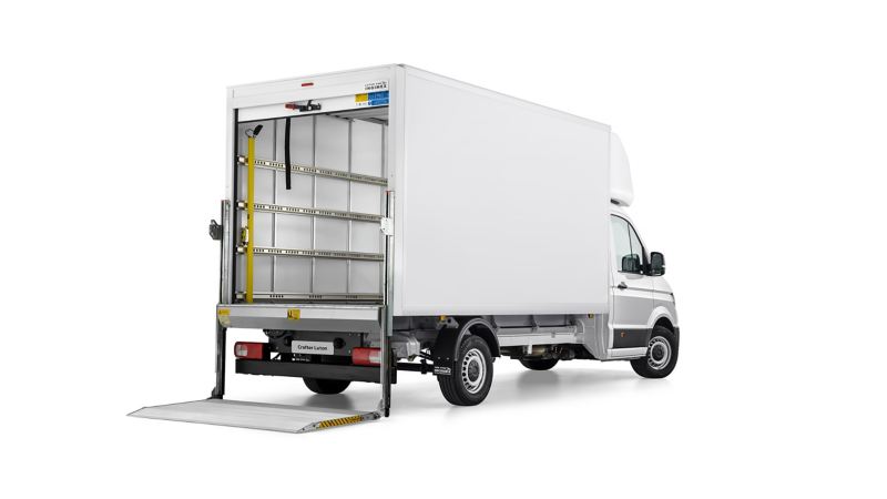 Crafter Luton van external rear view showing loading ramp