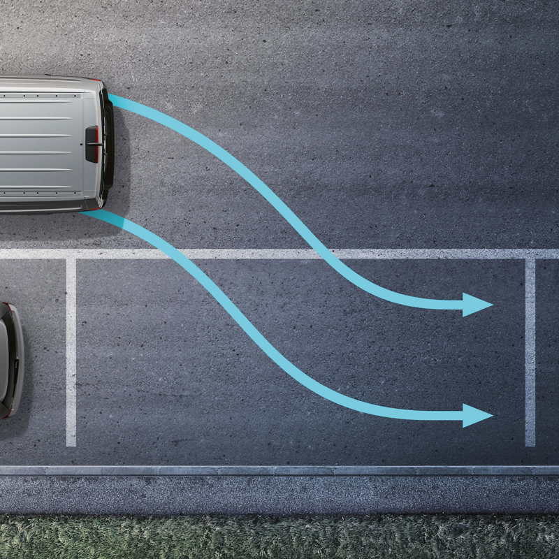 Top-down graphic, van preparing to reverse into parking space