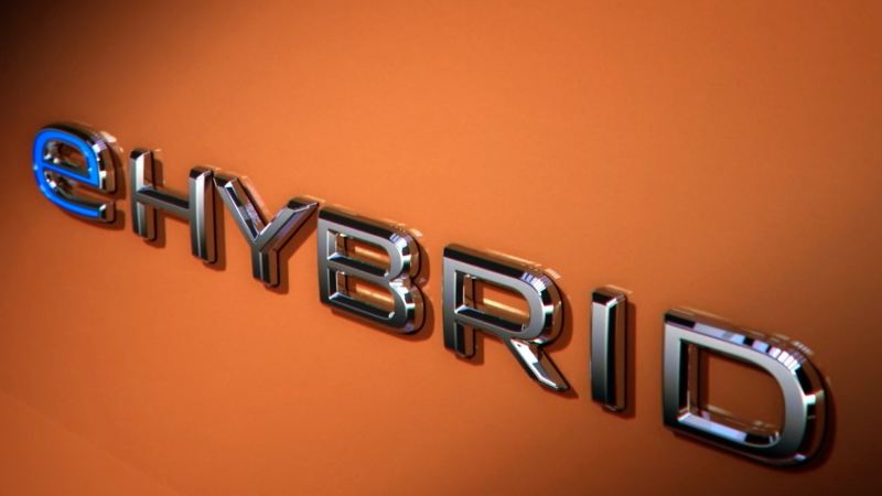 Close up of the Multivan ehybrid badge.