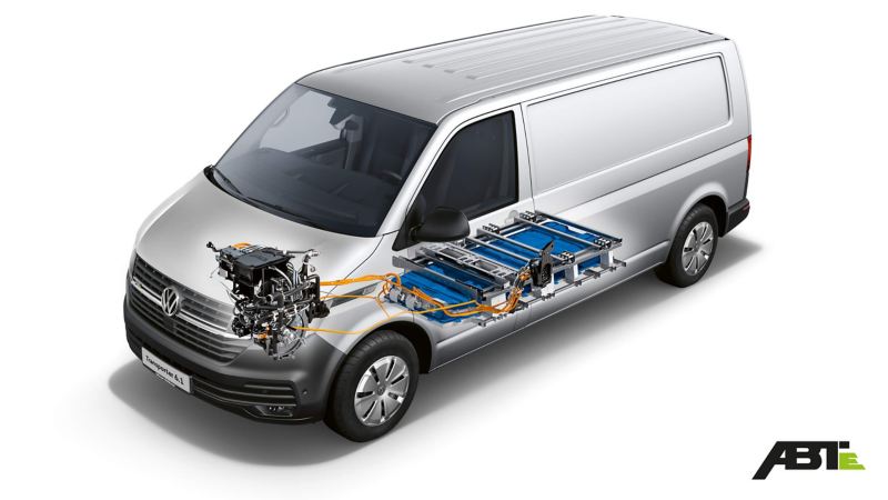 Transparent ABT e-Transporter van with engine illustration