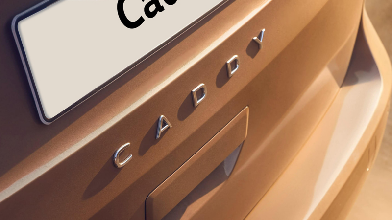 close up image of the badge on the back of the new caddy