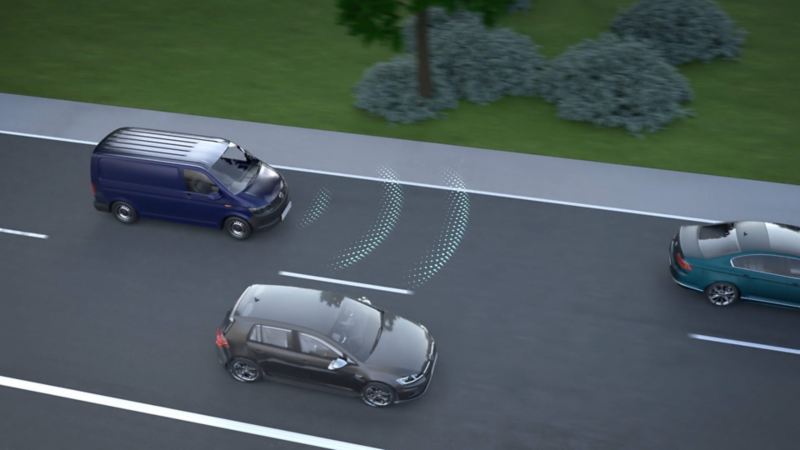 Graphic showing the adaptive cruise control functionality on a Volkswagen van. 