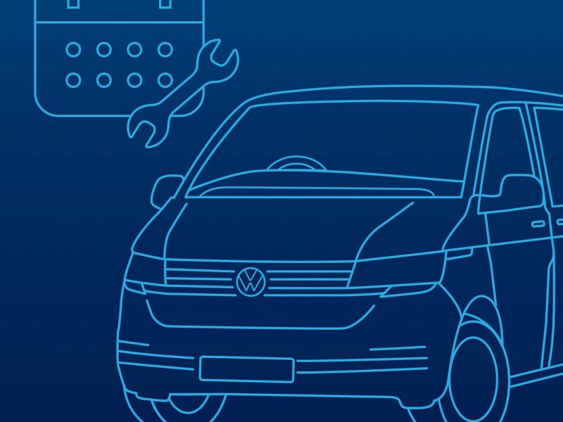 Illustration showing a VW van with a calendar symbol displayed above.