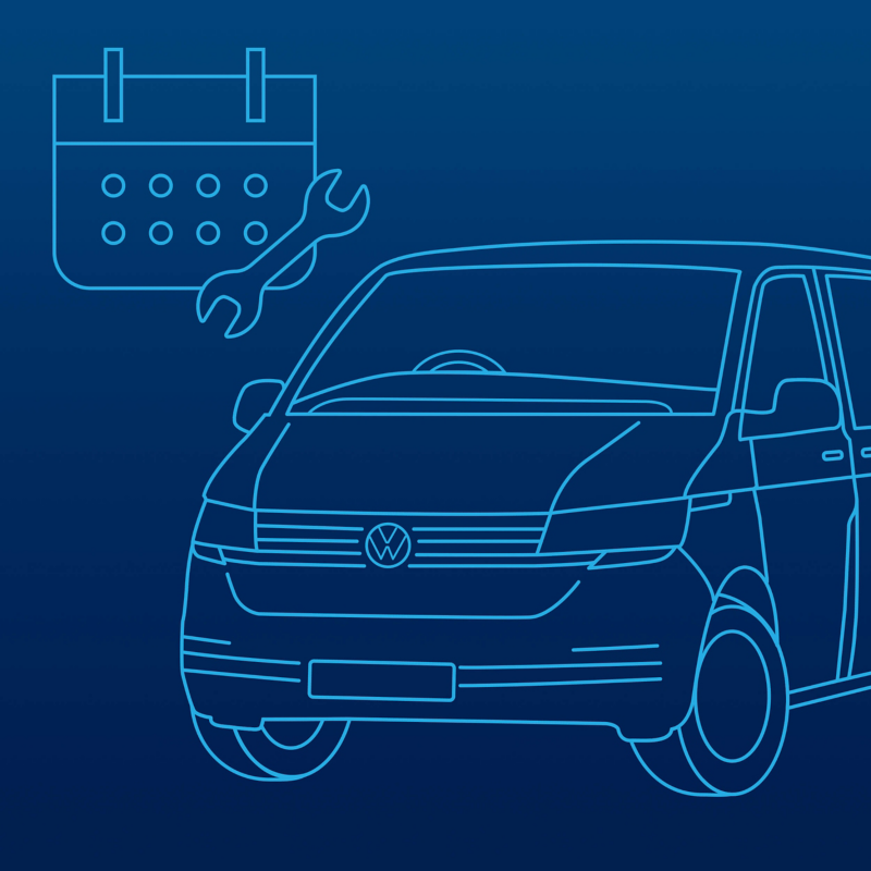 Illustration showing a VW van with a calendar symbol displayed above.