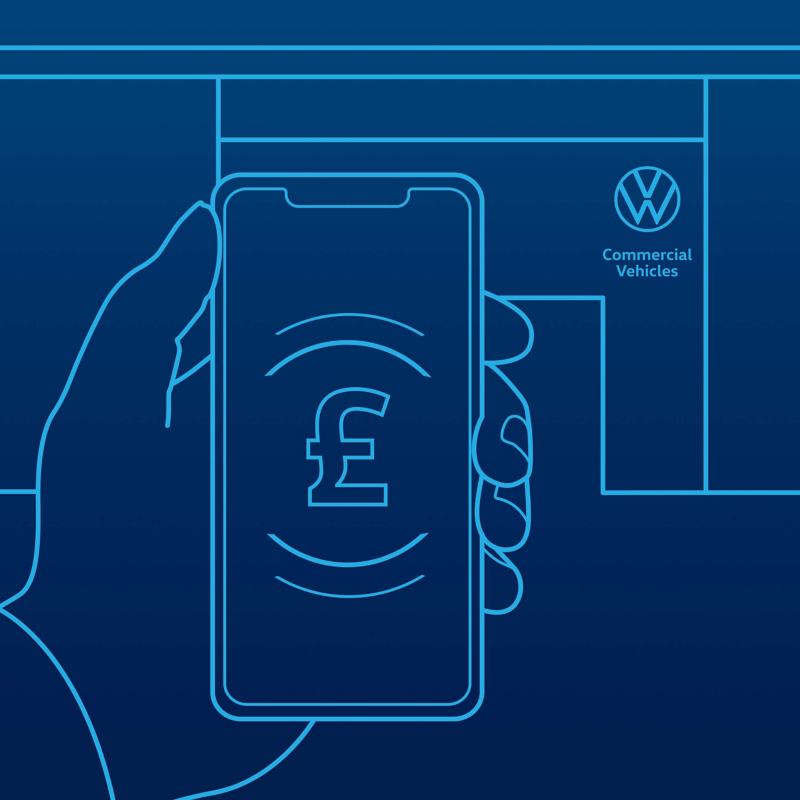 Blue illustration showing a hand holding a mobile phone using a finance app. 