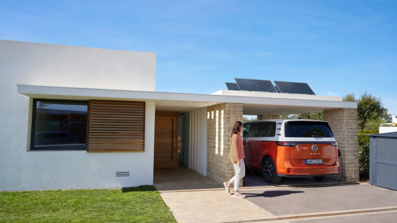 Ein VW ID. Buzz wird an einer Wallbox aufgeladen.