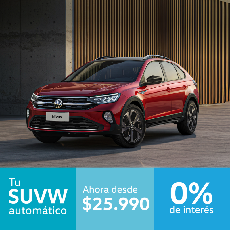 Volkswagen Nivus rojo con promoción destacada en pantalla: $25,990 y 0% de interés