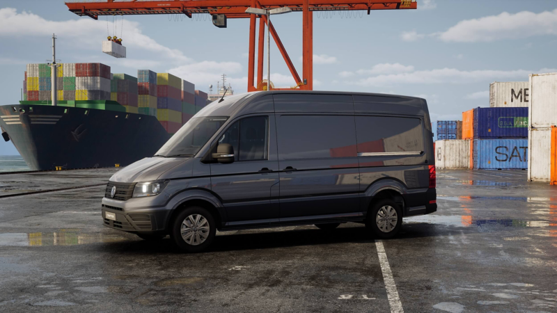 side view of the VW Crafter panel van parked at a port