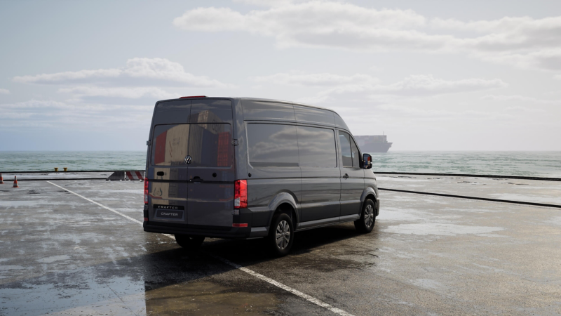 rear view of the VW Crafter panel van at the beach