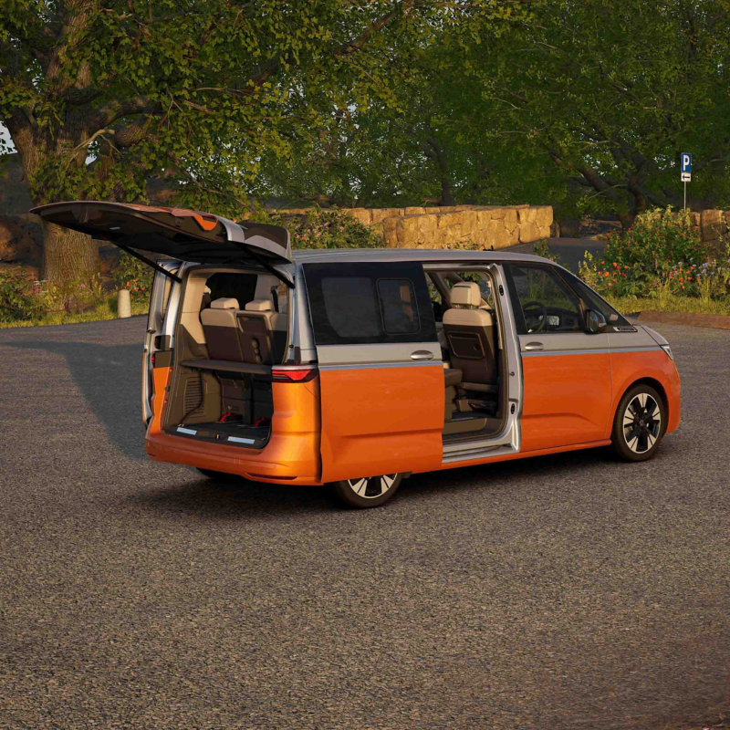 rear view of the orange and silver Multivan with the boot and side door open